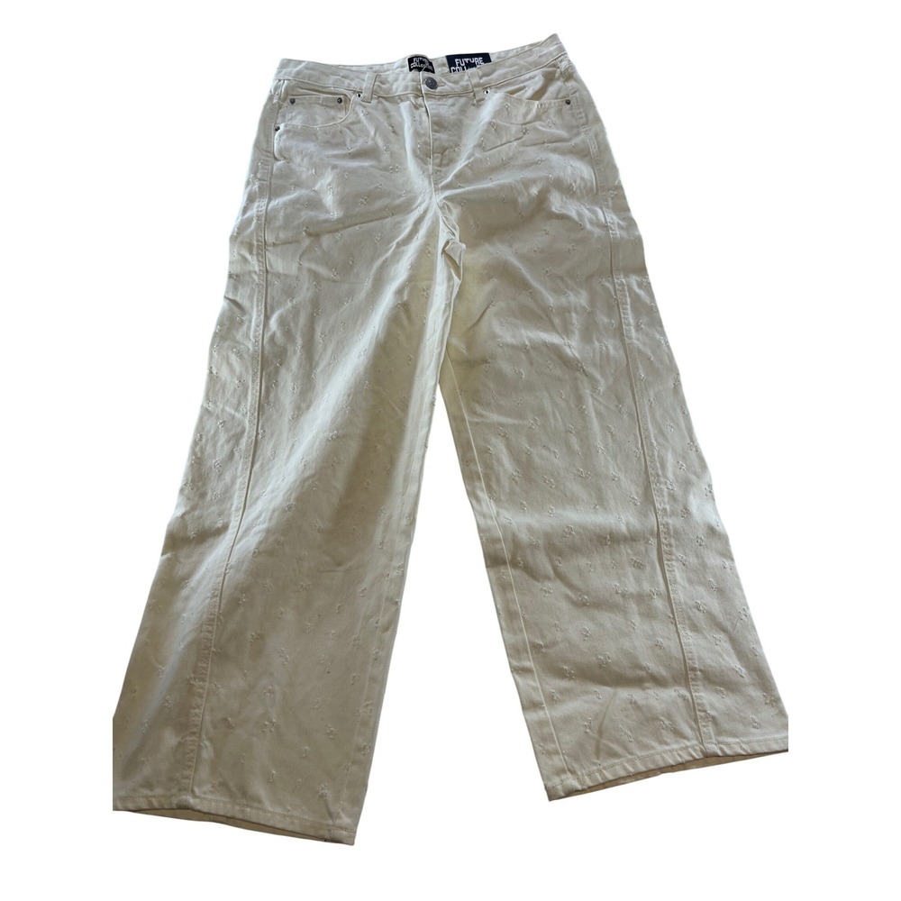 Future Collective Womens Mid Rise Wide Leg Jeans Cream Distressed Denim Size 14